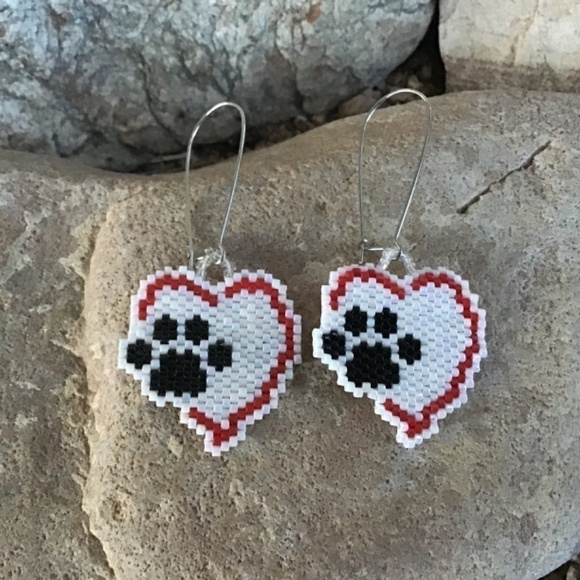 Black, White and Red Puppy Love Heart Beaded Earrings, New, Handmade by Me - Picture 4 of 5